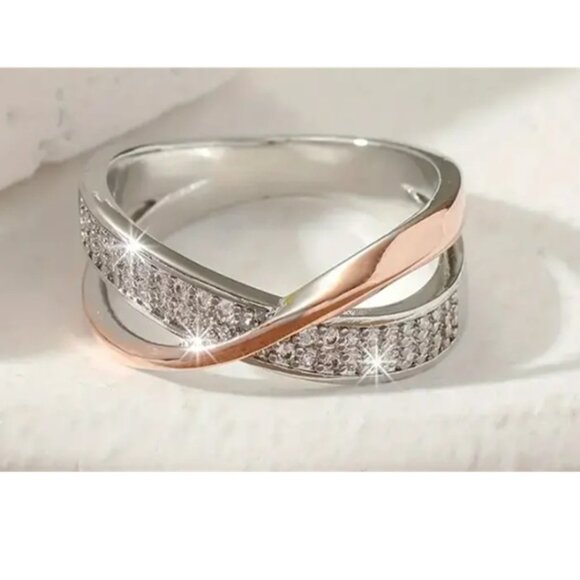 Elegant  Two Tone - Silver & Rose Gold - Criss Cross Band - Wedding or Left Band - Picture 2 of 4